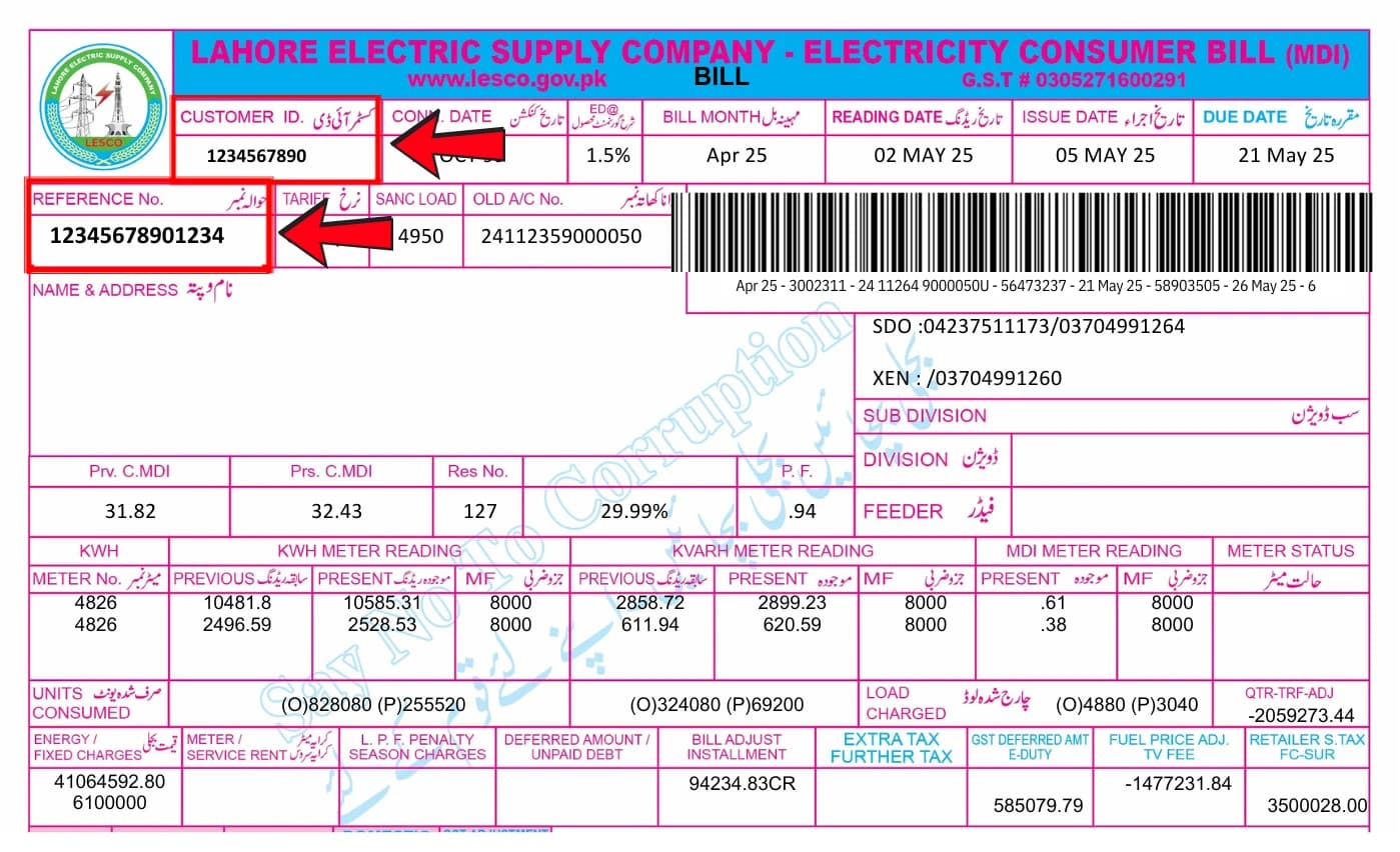 Sample LESCO bill showing the reference number